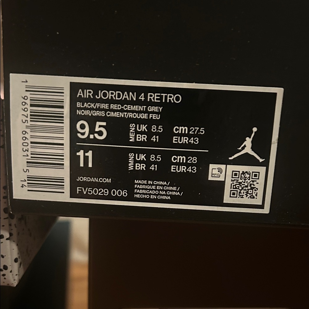Nike Air Jordan 4 Retro Black Fire Red Cement Grey Sneakers